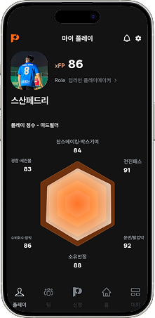 Fine Play 앱 마이 플레이 화면 — xFP 점수와 역할, 6축 능력치